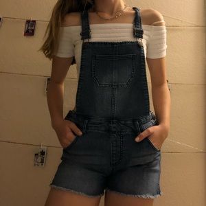 dark wash overall shorts